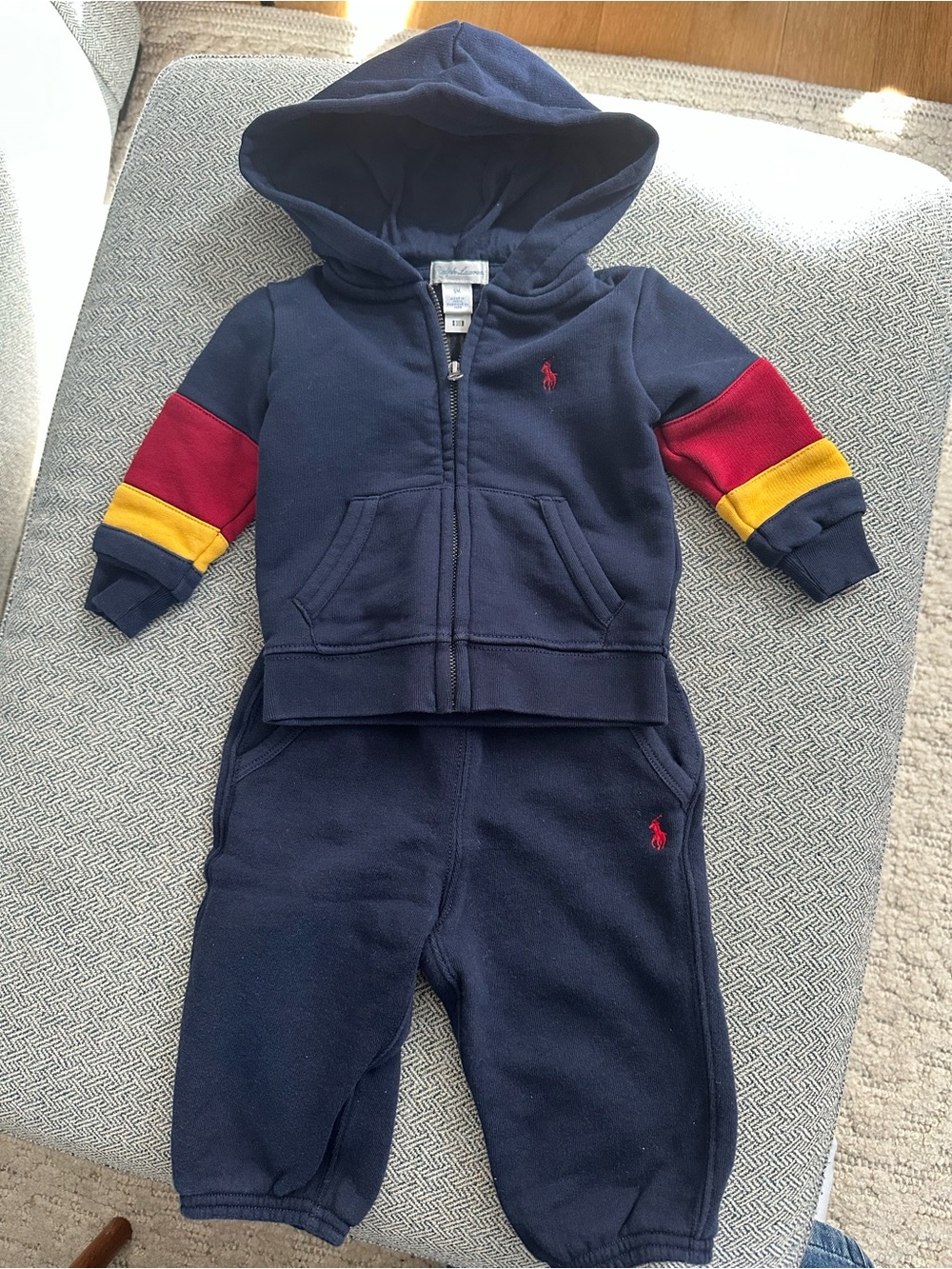 Ralph Lauren Navy Zip Hoodie and sweat pant set with Red Pony (size 6-9 months)